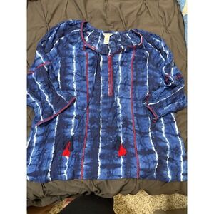 Multiples 2X Blue White Tie Dye Tunic‎ Top with Red Embroidery Accents Bohemian